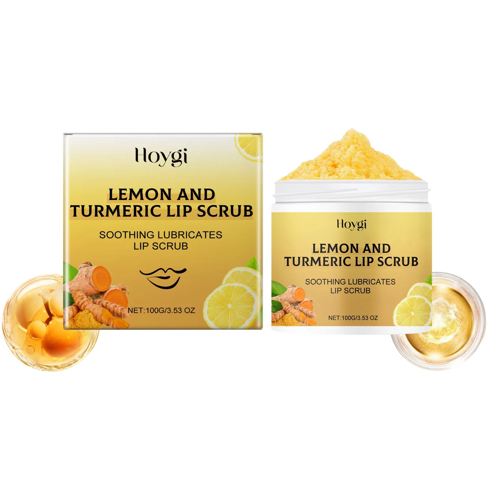 Hoygi 100g Turmeric Lemon Lip Scrub Moisturizing Lip Care Gentle Exfoliating Plumping Remove Dead Skin Nourish Chapped Lip Scrub
