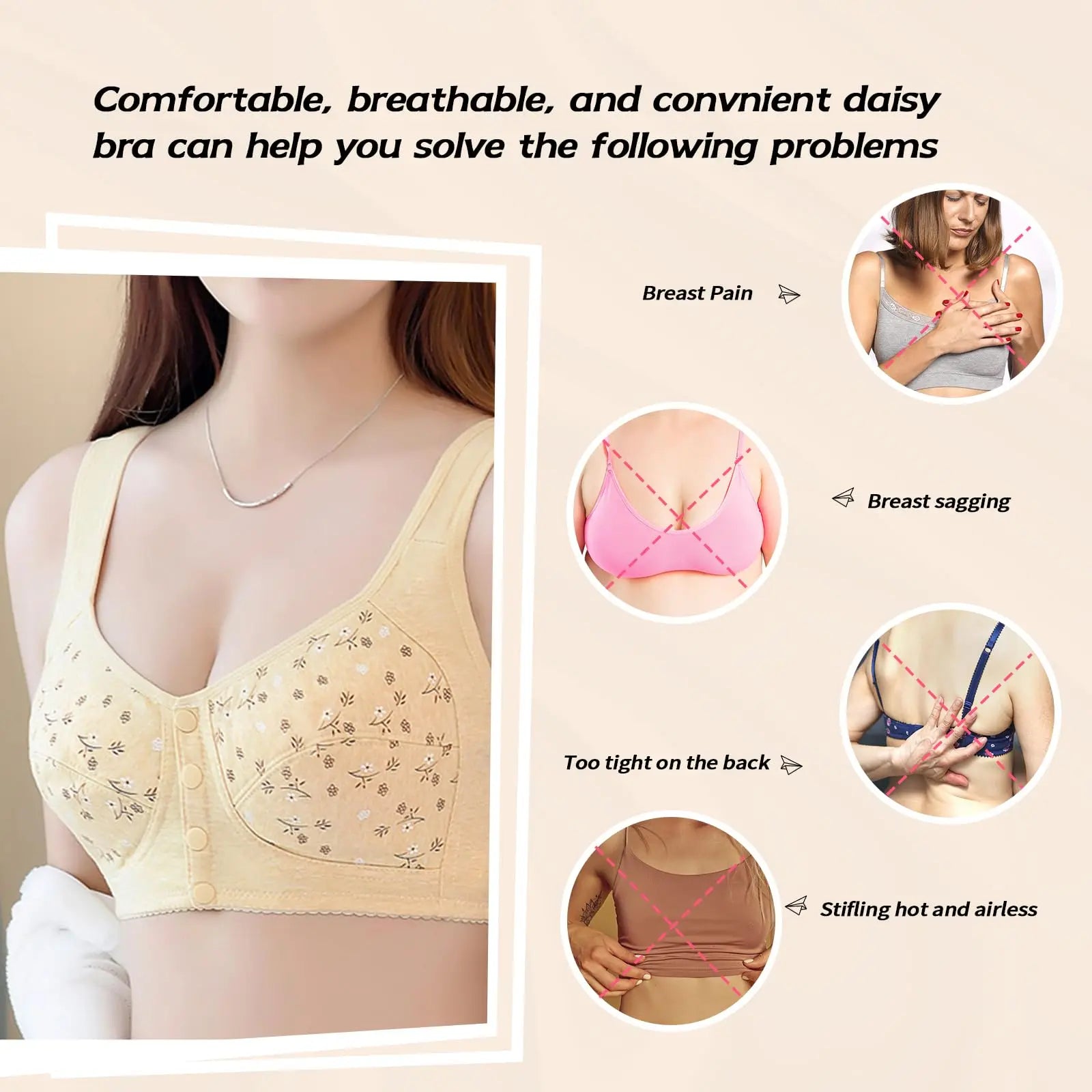 Elegant Front Buckle Floral Bra for Women – 7-Piece Set,  Pressurized Support, Adjustable,  Breathable, Ideal for Breastfeeding