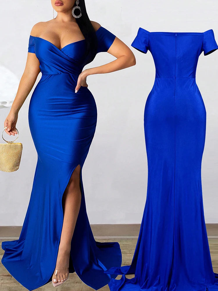 Classic High Slit Evening Dress Women Solid Maxi Long Dresses With Sleeves Wedding Bridesmaid Elegant Party Dresses 2025 Woman