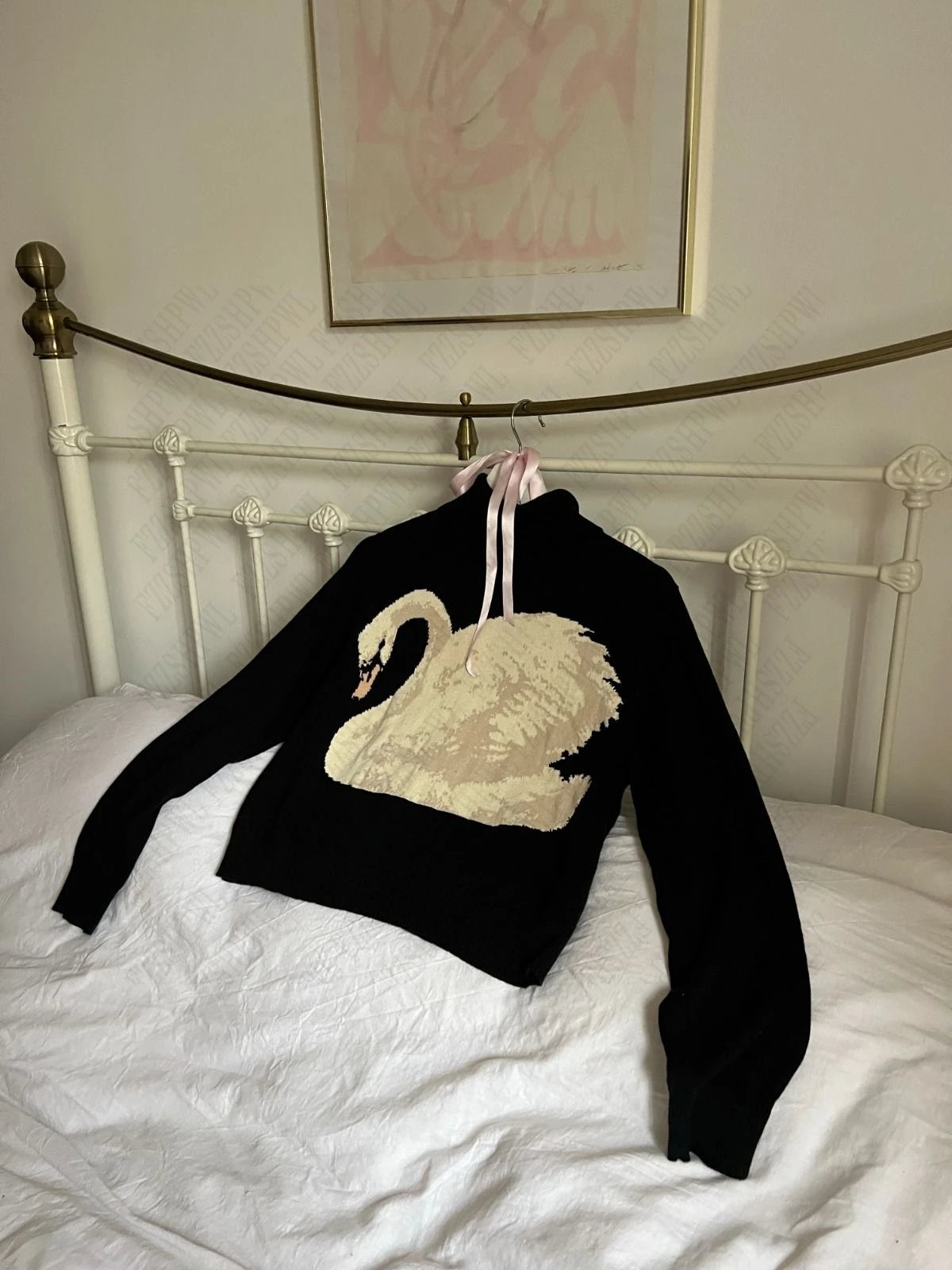 Black Swan Graphic Print Women Sweet Cute Turtleneck Knitted Sweater Y2K Style Winter Harajuku High Street Casual Warm Pullover