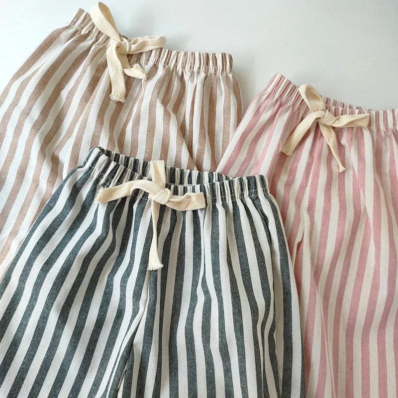 Children's Clothing Vintage Linen Cotton Stripe Pants Baby Boy Girl Casual Shorts Spring Summer Girls Loose Trousers and Shorts