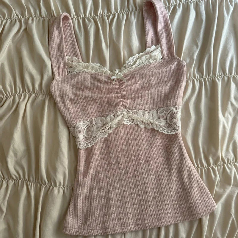 90s Vintage Cutest Lace Trim Camis Women Aesthetic Grunge Slim Fit Milkmaid Vest 00s Retro Y2k Cottage Crop Top Coquette Clothes