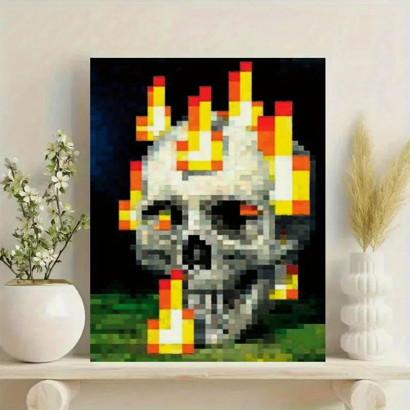 1pcs Vibrant Pixel Skull & Flames Canvas Poster - Unframed Art Print for Bedroom, Office, Living Room Decor, Skull Decor