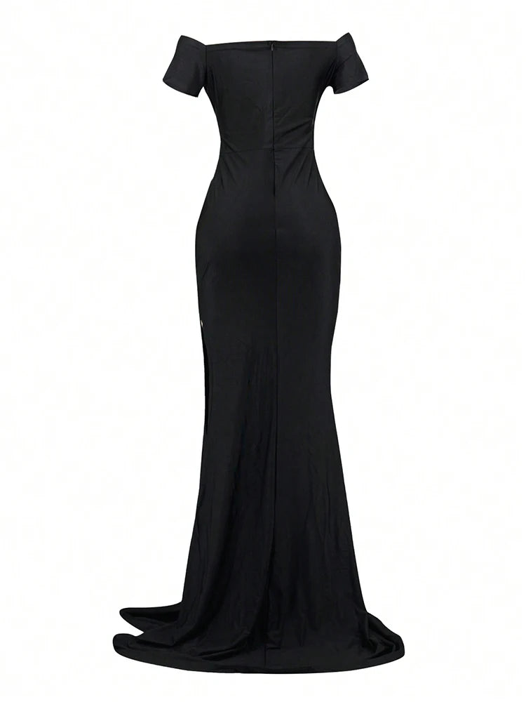 Classic High Slit Evening Dress Women Solid Maxi Long Dresses With Sleeves Wedding Bridesmaid Elegant Party Dresses 2025 Woman
