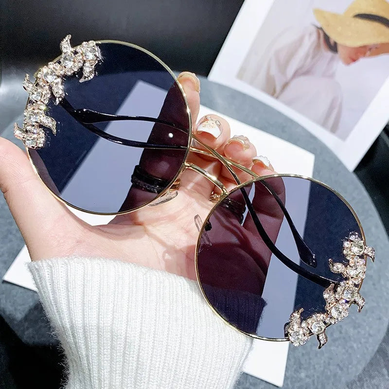 New Style Frameless Cut-edge Diamond Sunglasses With Wave Design, Temple Glasses, Fashionable Round Rhinestone Sunglasses
