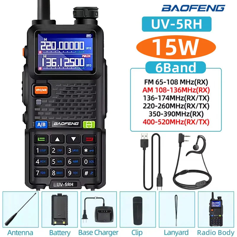 Baofeng walkie talkie UV5RH 15W, six band wireless replication frequency, 999CH, USB transceiver, HAM, , 50KM