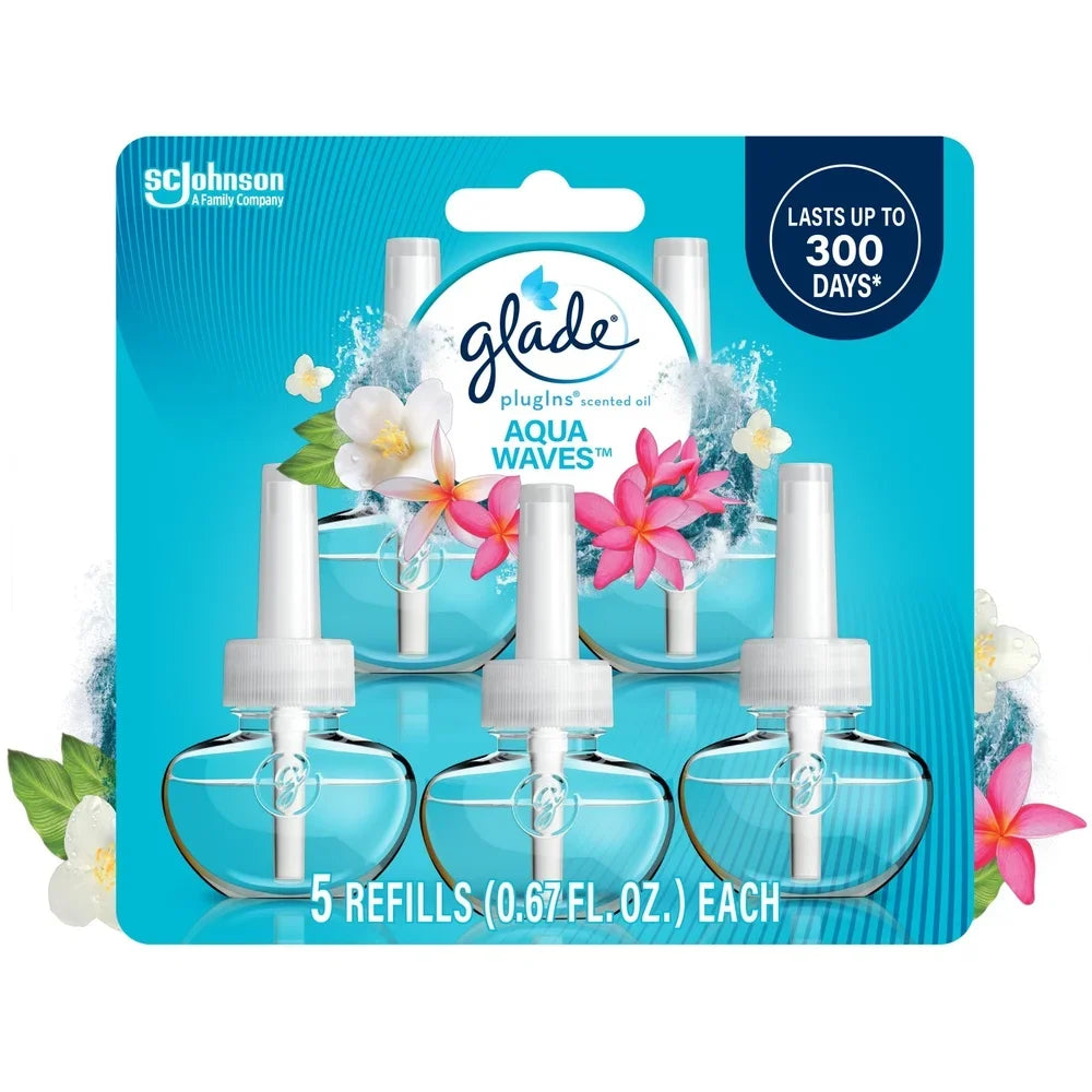 Essential Oil PlugIn Air Freshener 5 Refills Aqua Waves Scent Liquid Wall Diffuser Ocean Freshness 60 Days Fragrance
