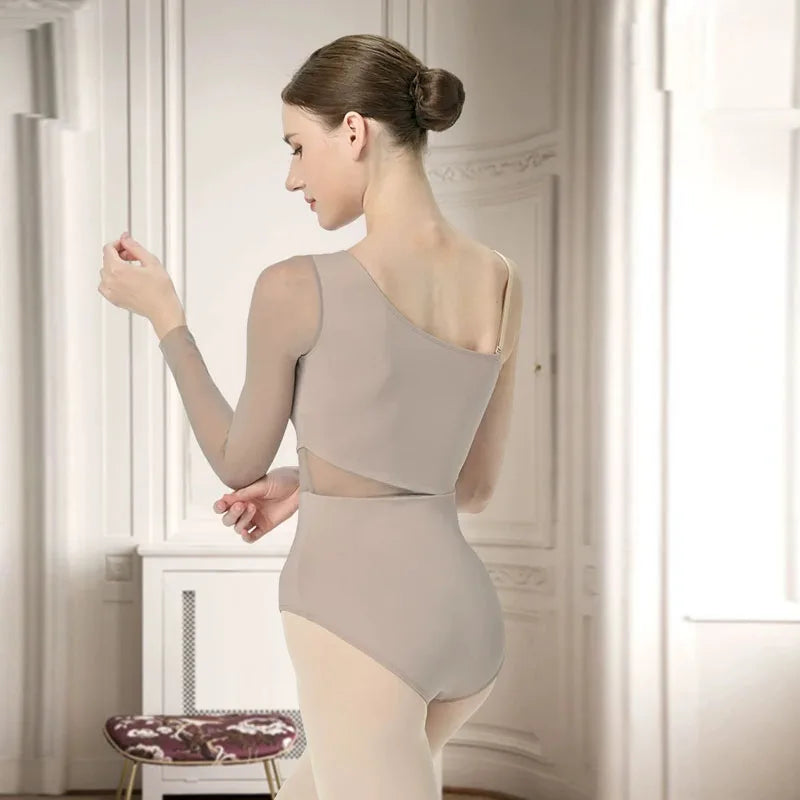 New Ballet Dance Leotards for Girls Women  Mesh Splicing Diagonal sleeved irregular Long Sleeves Gymnastics Lyrical Stage Costum