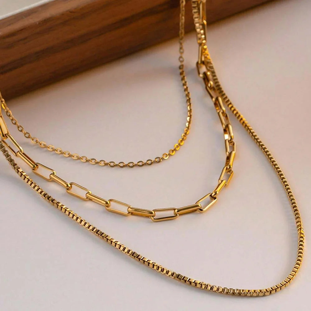 DGIDDK Stainless Steel Chain Triple Necklace Set Versatile Fashion Hollowing Can Be Stacked Wear Personalized Female Jewelry