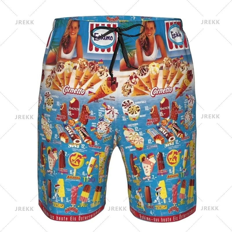 Ice Cream Poster Beach Shorts Men Kids Hot Sale Summer Popsicle Pattern Swimming Trunks Cool Street Oversized Short Pants
