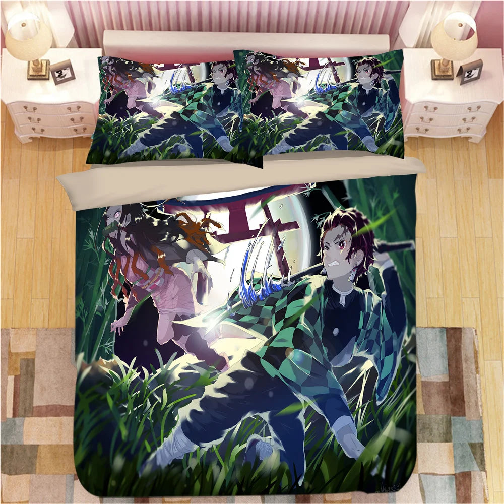 Demon Slayer Bedding Sets Cartoon Comforter Bed Linen Boys Kids Single Double Size Soft Bedclothes Home Decor Anime Duvet Covers