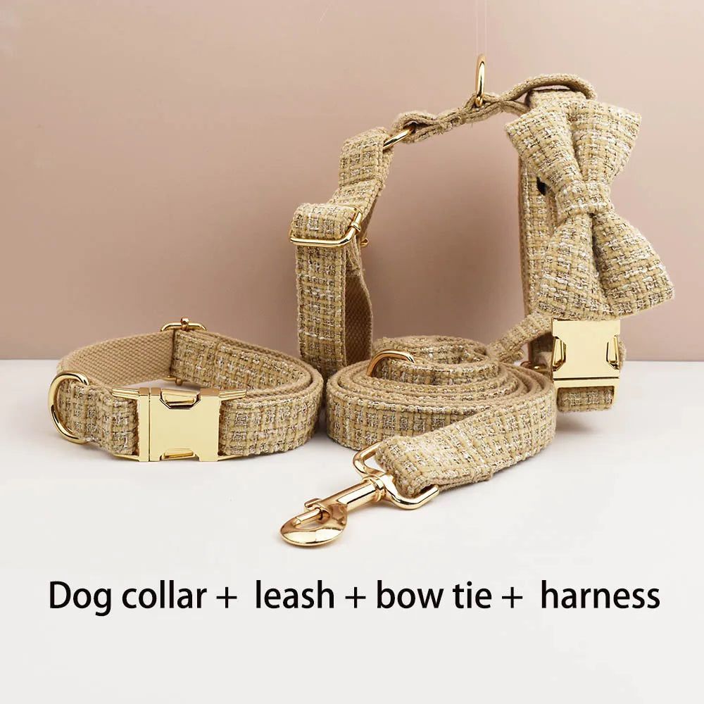 Light Khaki Dog Collar Harness And Leash Set with Custom Engraved Nameplate Personalized Pet Supplies for Dogs