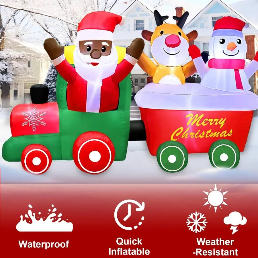 7 FT Long Christmas Inflatables Train Outdoor Decoration Christmas Blow Up Yard Decor with Black Santa Claus Driving Snowman El