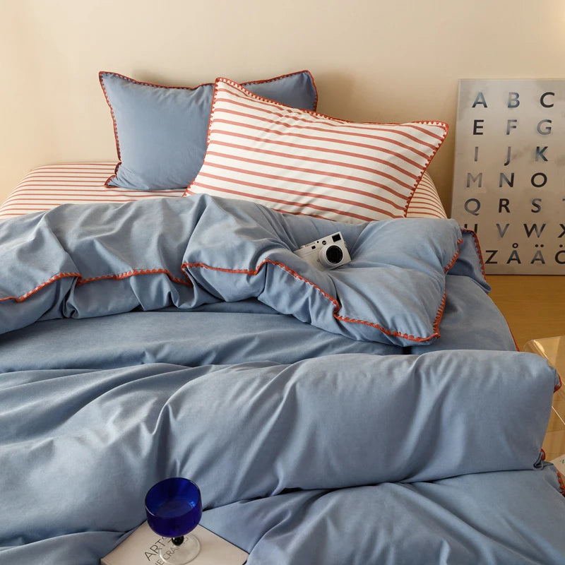 Blue Protein Durable Washed Cotton Bedding Set Striped Color Block Shell Embroidery Comforter Cover with Standard Pillowcases