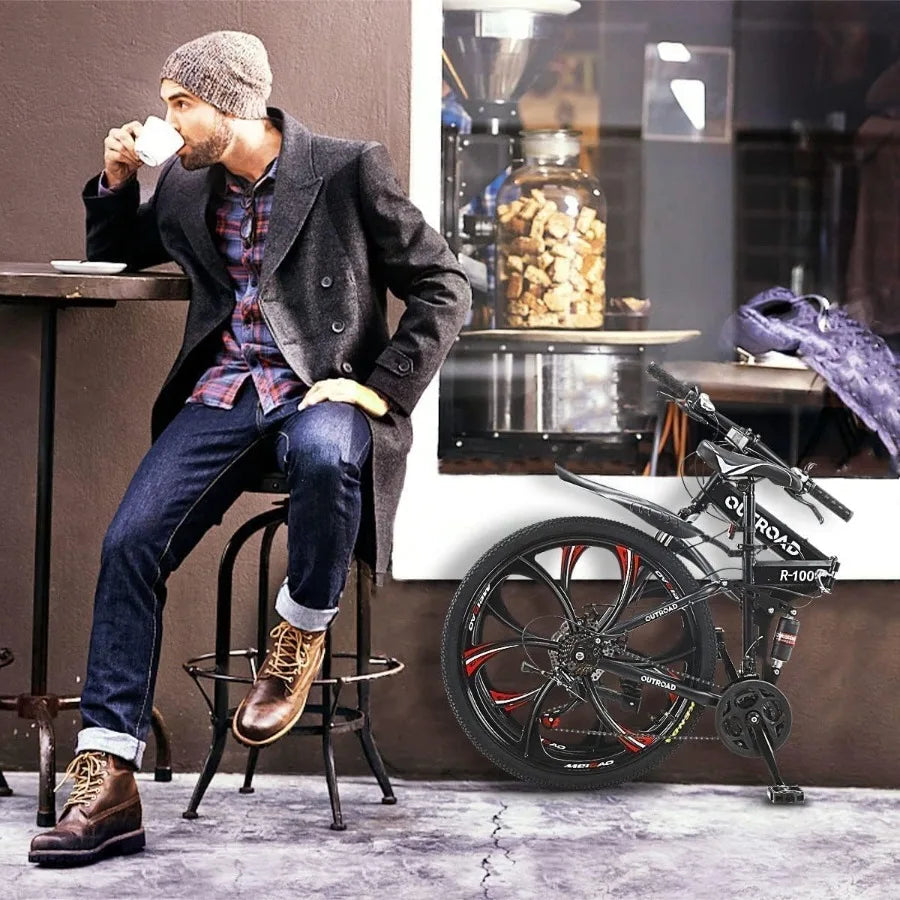 26 Inch Folding Mountain Bike with High Carbon Steel 21 Speed City Bike with Dual Suspension Folding Bicycle for Adults Men and