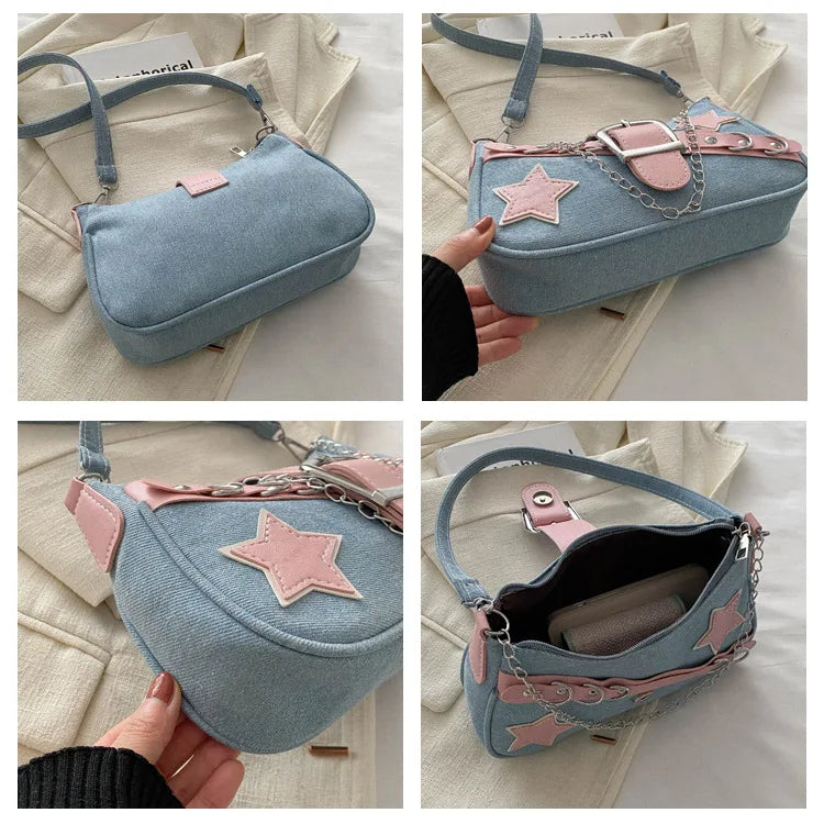 Y2k Hot Girls Denim Shoulder Bags Retro Rivet Star Women's Underarm Bag Portable Female Chain Armpit Bag Small Purse Handbags