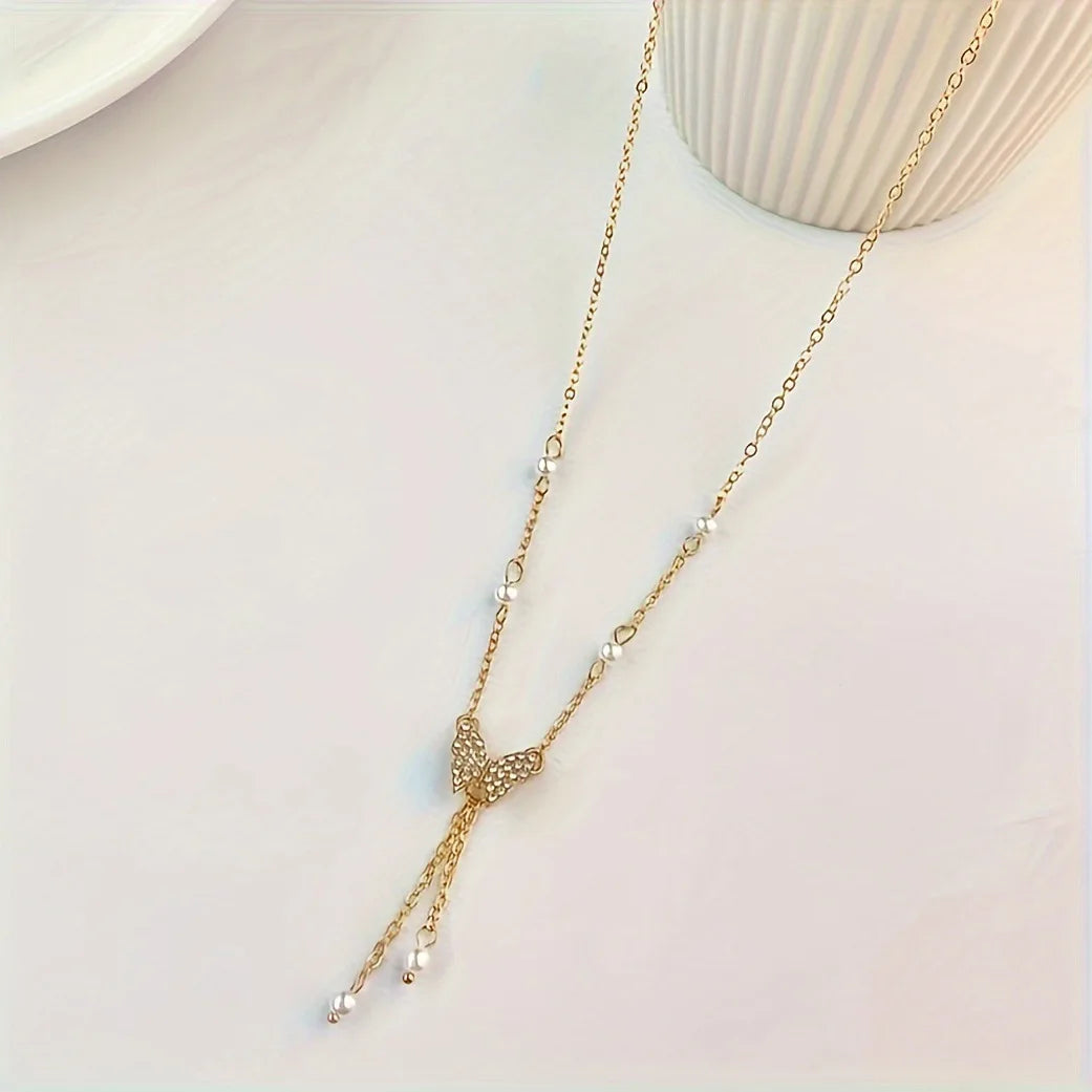 Fashionable Women Gold Plated Butterfly Tassel Pendant Necklace Suitable For Daily Party Wear Birthday Gifts Bridesmaid Jewelry