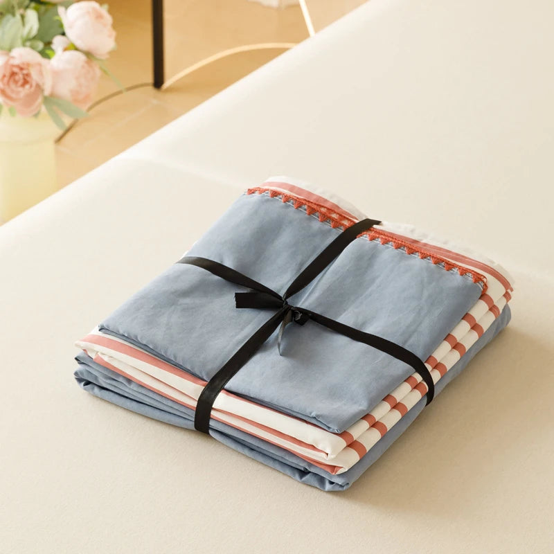 Blue Protein Durable Washed Cotton Bedding Set Striped Color Block Shell Embroidery Comforter Cover with Standard Pillowcases