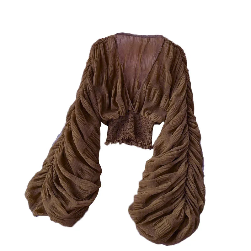 Summer Sexy Draped Chiffon Blouse For Women Elegant V-Neck Puff Long Sleeve Short Tops Female Slim Party Shirts 2022 New Fashion