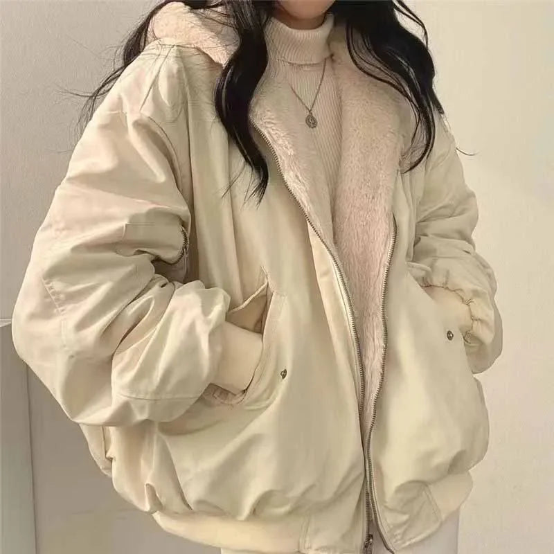 Smvp Winter Thicken Warm Parkas Women Fashion Double Sided Hooded Fleece Coat Ladies Korean Loose Long Sleeve Zip Up Jackets