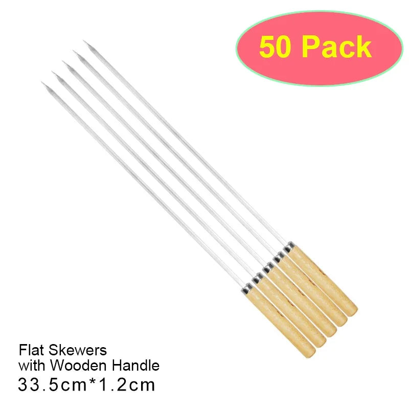 50Pcs Reusable Stainless Steel Barbecue Skewer with Wooden Handle BBQ Skewers Kebab Iron Stick for Outdoor Camping Picnic Tools