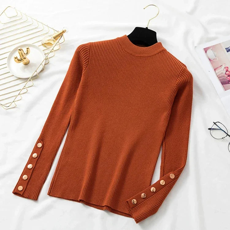 2025 Autumn Winter Casual Women Sweater Pullovers Button Long Sleeve O-neck Chic Sweater Female Slim Knitted Soft Jumper Tops