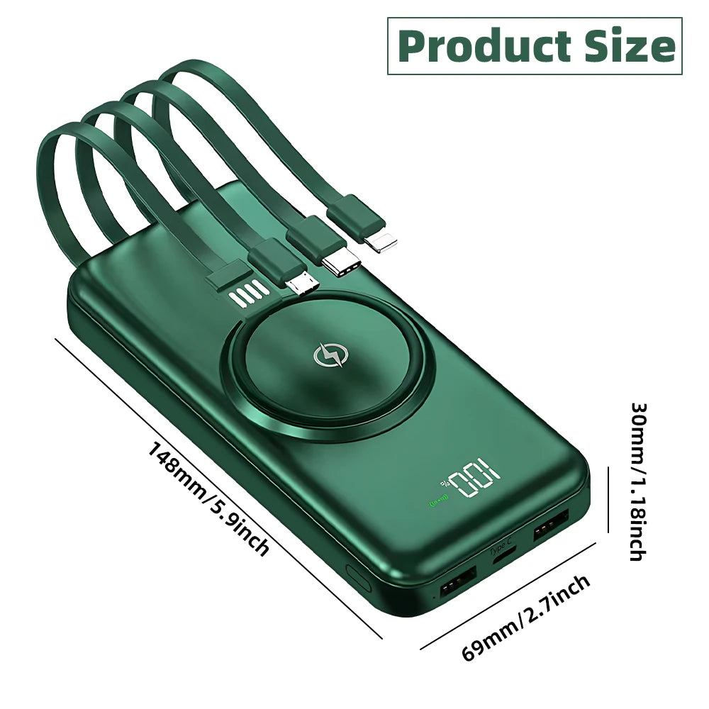 20000mAh Wireless Power Bank Fast Charging Built-in Quad Power Cable Mobile Phone Charger For Iphone 13 14 15 Xiaomi Samsung