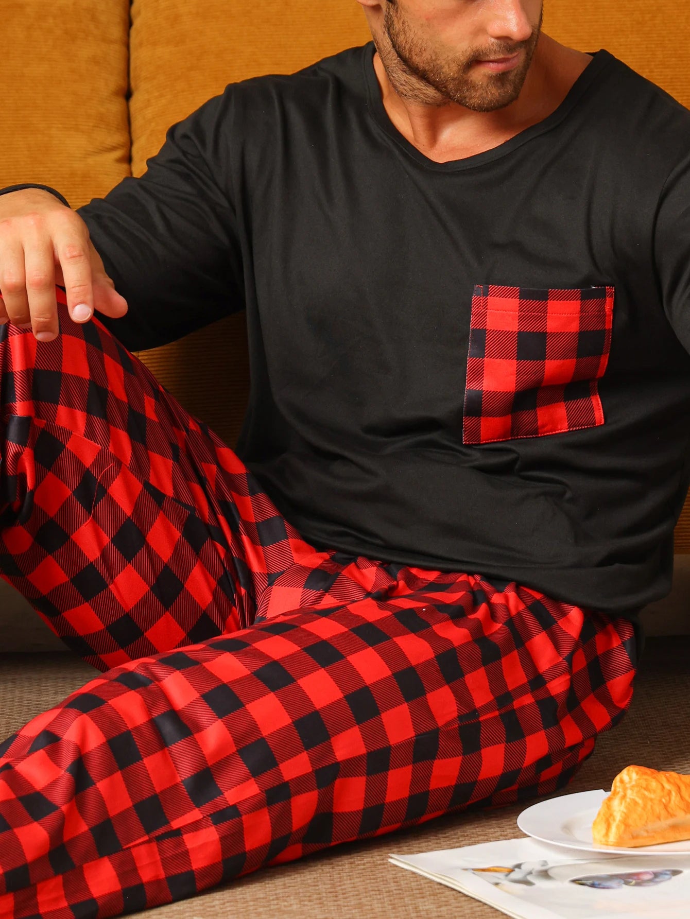 Two piece sets men's pajamas autumn and winter long sleeved pants checkered sleepwear set