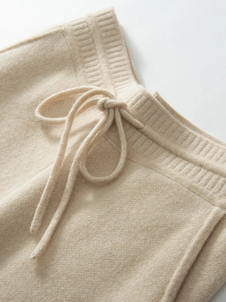 100% Cashmere High Waist Wide Leg Pants For Women Winter Thick Warm Solid Trousers Belt Casual Basic Pants Korean Popular Tops