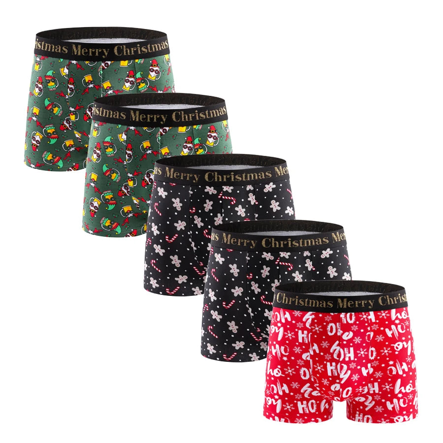 5pcs Christmas Print Men's Underpants Shorts Letter Waistband Boxer Briefs Brand Men Panties Cotton Underwear Man Boxers Trunks