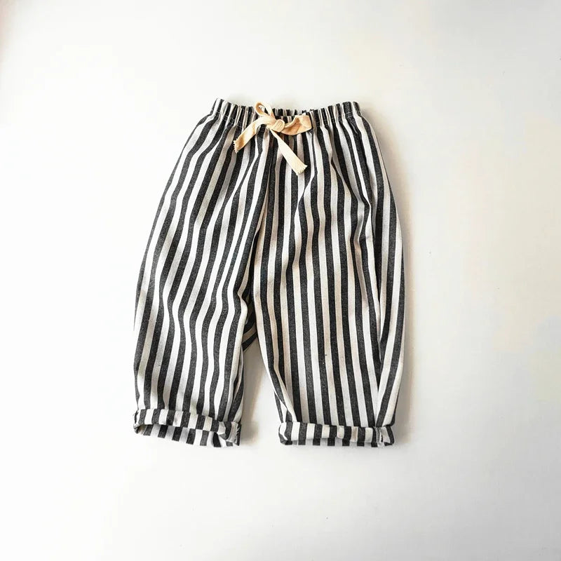 Children's Clothing Vintage Linen Cotton Stripe Pants Baby Boy Girl Casual Shorts Spring Summer Girls Loose Trousers and Shorts