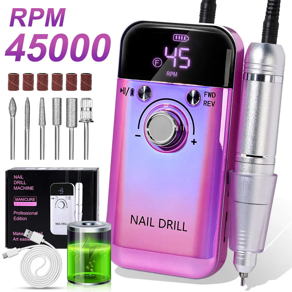 Nail Drill 45000 RPM Rechargeable Nails Electric File for Acrylic Gel Removing & Polishing Gel for Home/Salon Manicure Pedicure