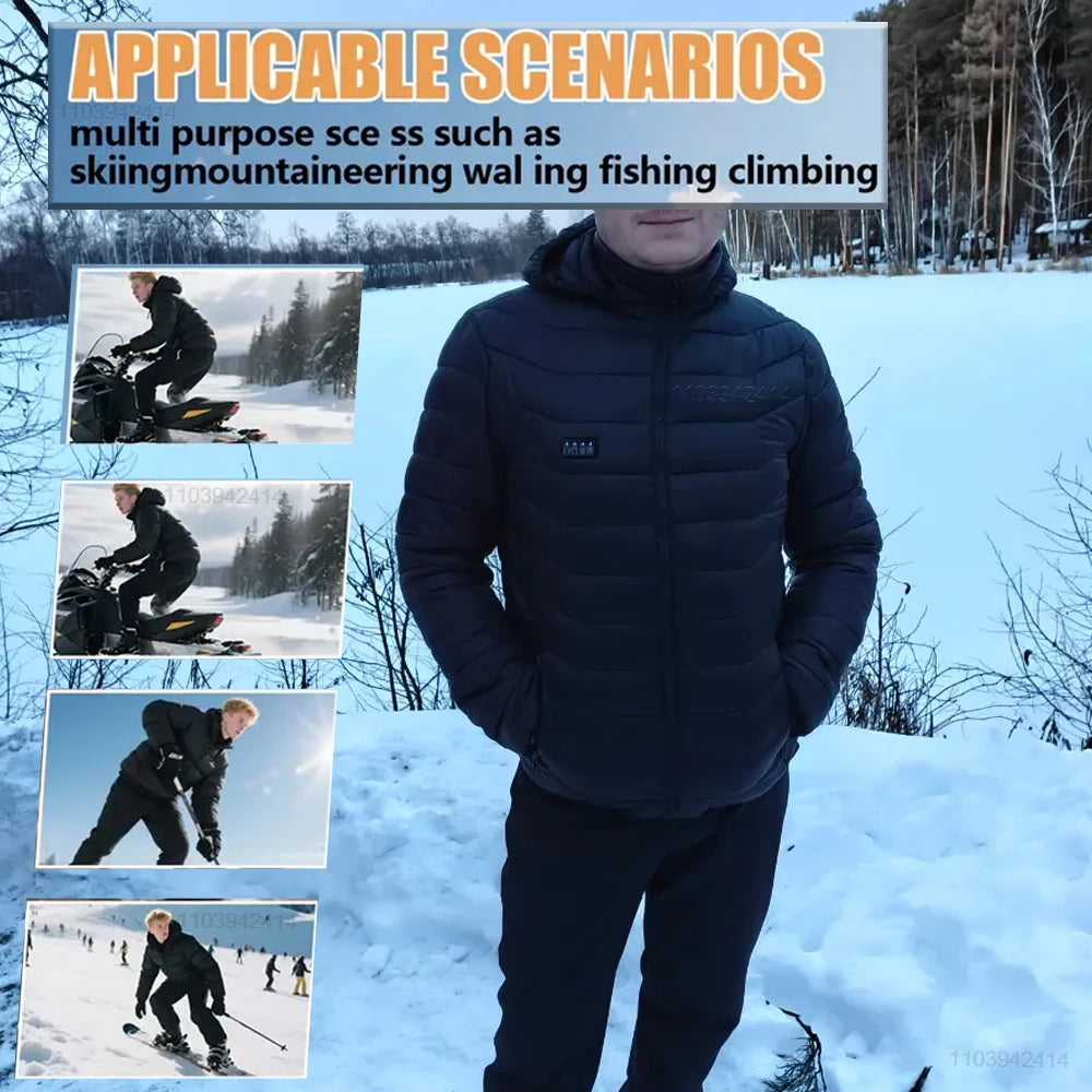 New Heated Jacket Men Women Coats 9/21 Areas USB Self Heated Clothing Winter Ski Camping Heated Down Jacket with Detachable Hood