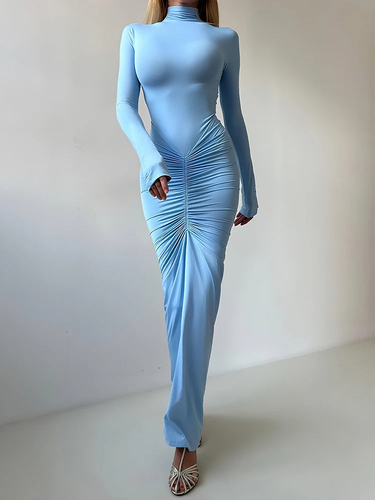 Sisterlinda Autumn New Style Long Dress Woman Turtleneck Full Sleeve Skinny High Stretch Daily Casual Fashion Elegant Vestidos