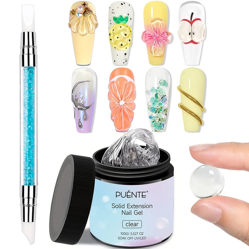 PUENTE 100g Clear Non-Stick Hand Extension Nail Gel With Sculpture Pen 3D Modeling Rhinestone Glue Soak Off UV Nail Art Gel Kit