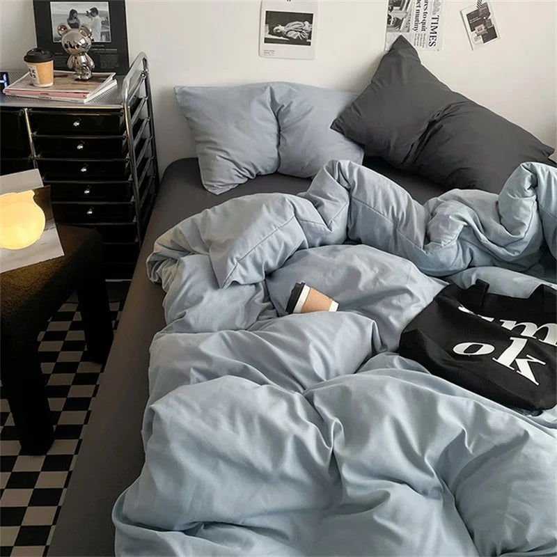 100% Cotton Bed Linen Bedding Set Washed Cotton Four Pieces Bed Sheet Set Comforter Sets Dolid Double Couple Bed Quilt Cover