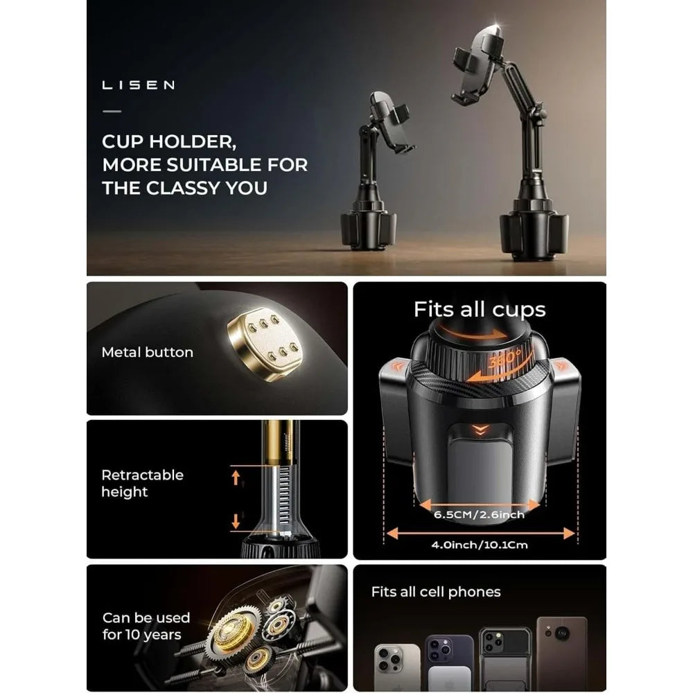 Upgraded Cup Phone Holder – 360° Adjustable Fits all 4-7" Phones in Cars golf Carts & Cradles Universal Car Mount.Car Holder