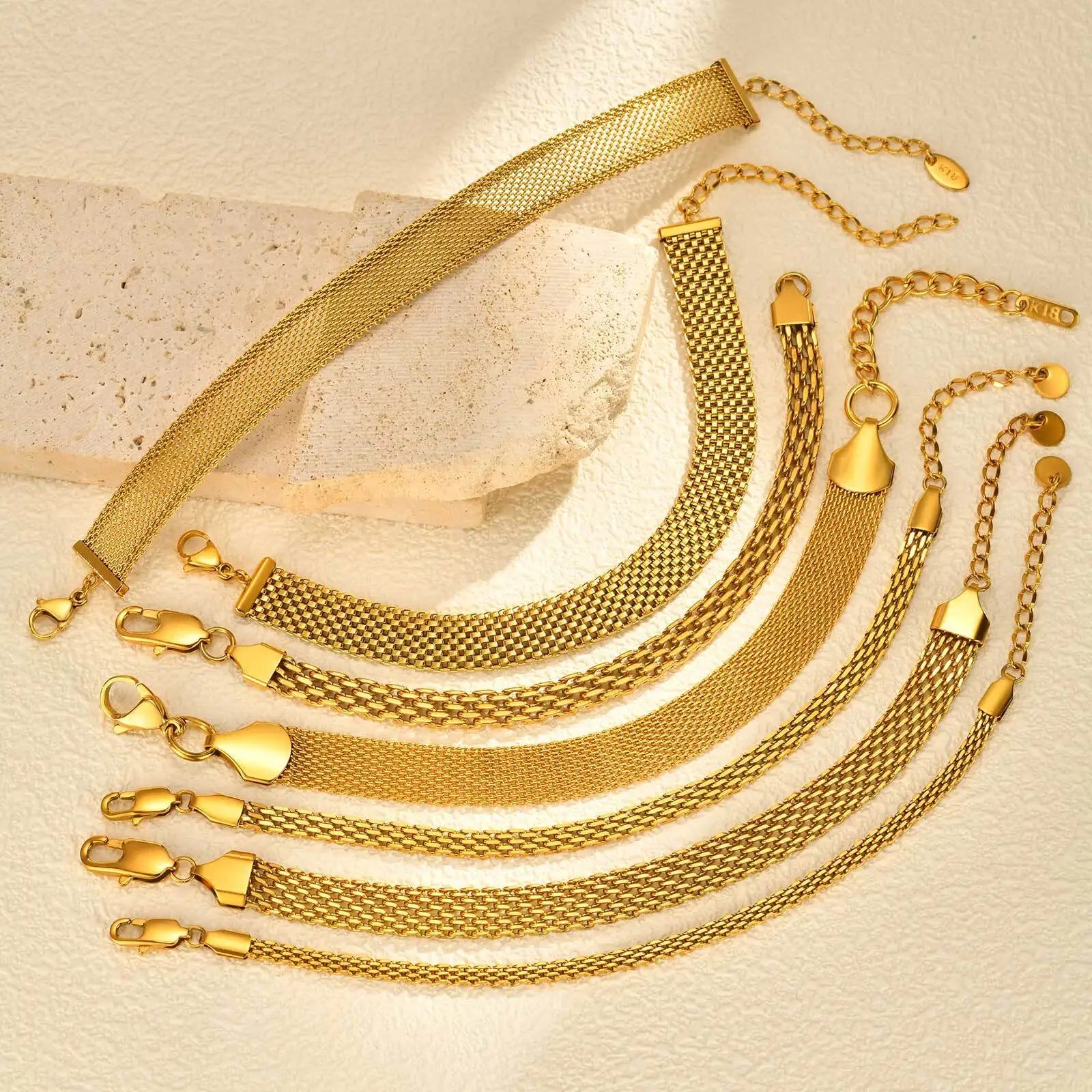 Stainless Steel 18K Gold Plated Bracelet for Women, Adjustable Weaving Mesh Chain, Exquisite Jewelry Gift