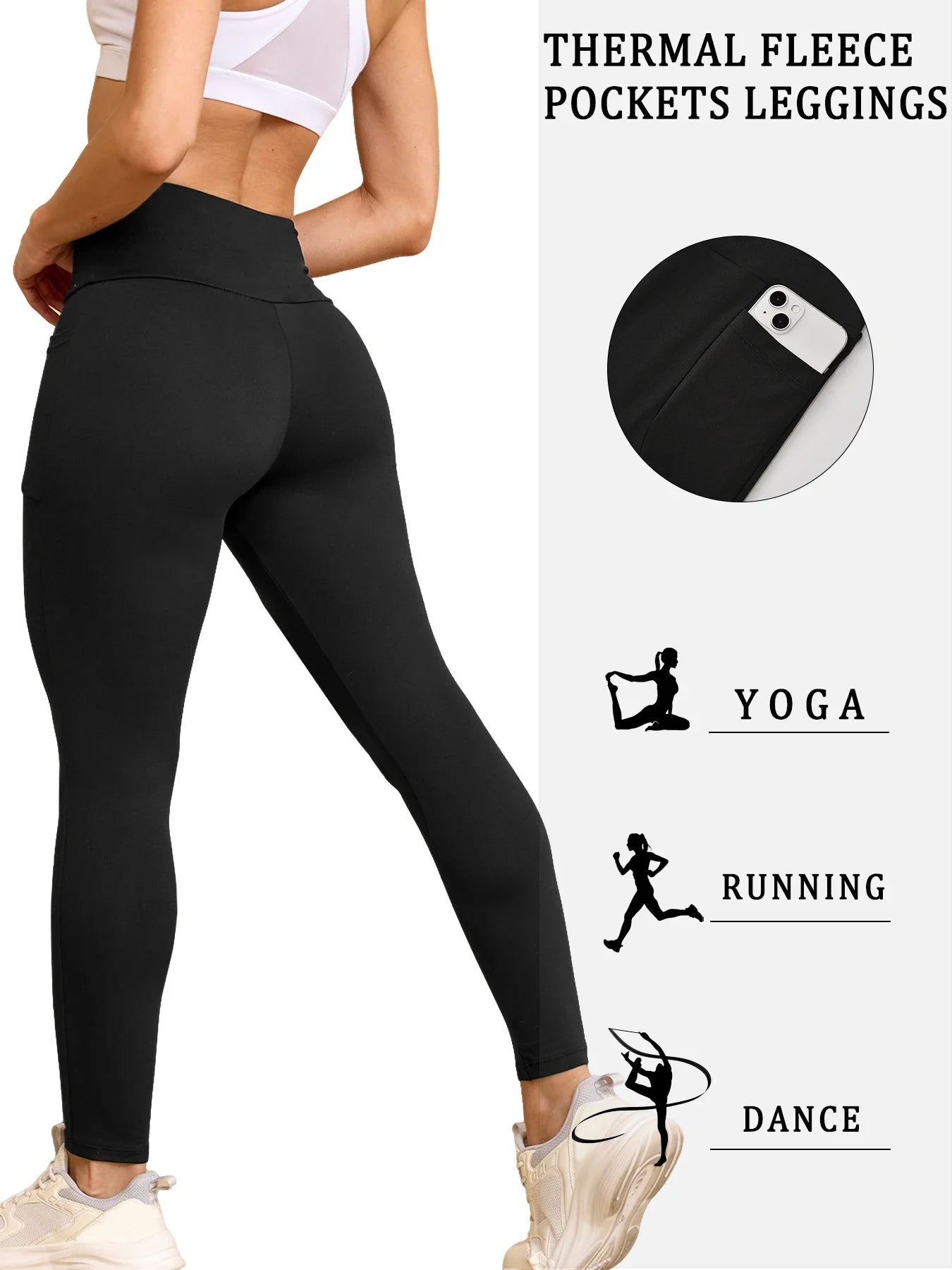 Womens Thermal Fleece Lined High Waisted with pockets Leggings, Workout Winter Warm Thick Tights Soft Yoga Running Pants