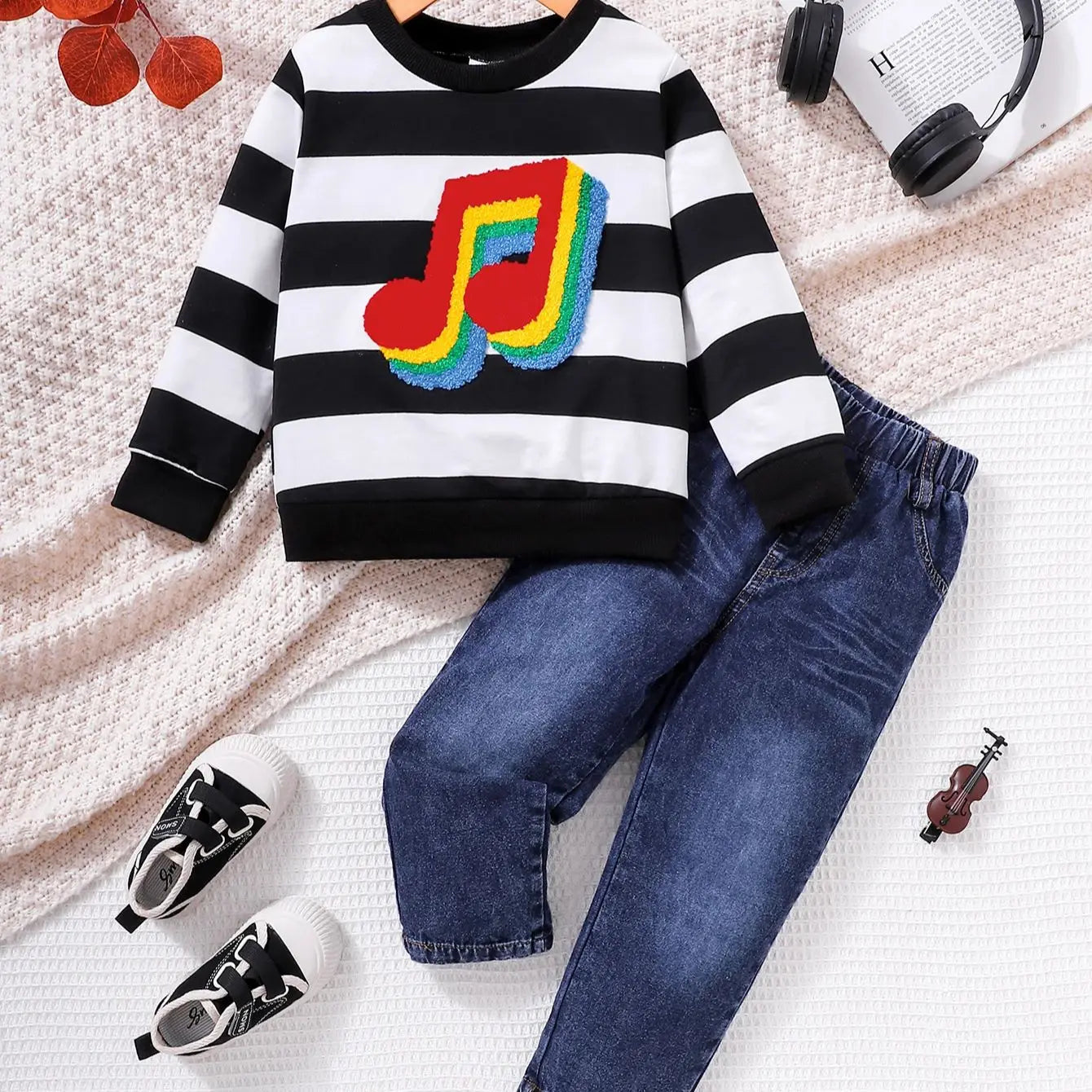 Unisex Kids Casual Striped Note Long Sleeve Top with Denim Pants Two-Piece Set for Boys And Girls