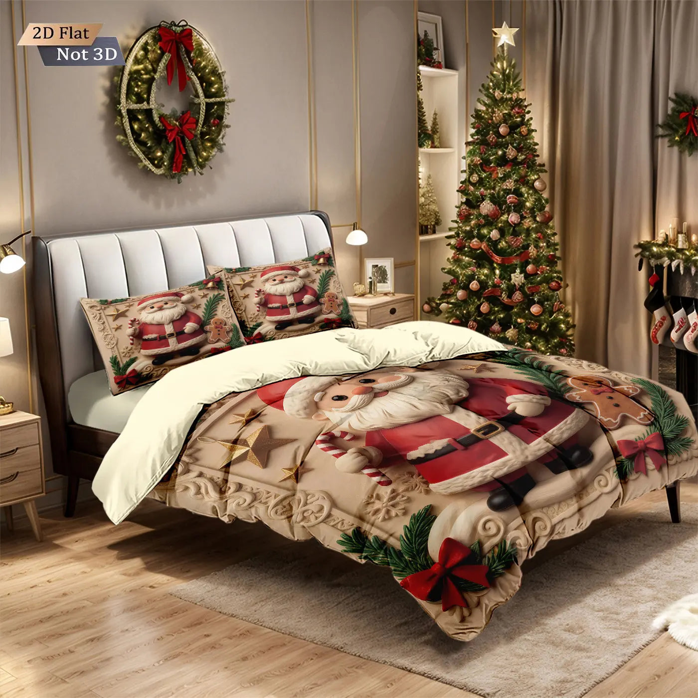 3pcs imitation relief Santa Claus print coreless duvet set, multi size bedroom bedding, holiday decoration, machine washable