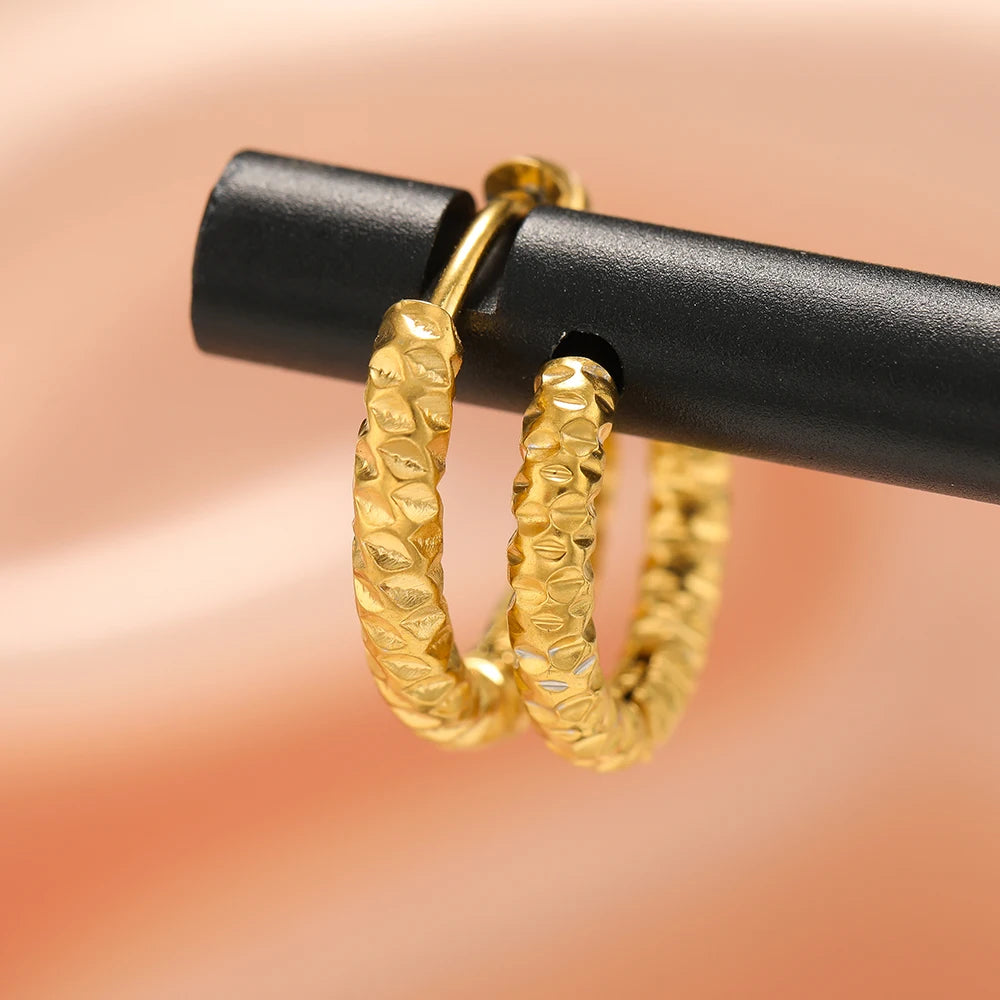 6pcs Stainless Steel Round Embossing Ear Rings PVD Gold Plated Korean Earrings Hoops Earring for Women Female Girls Metal Luxury