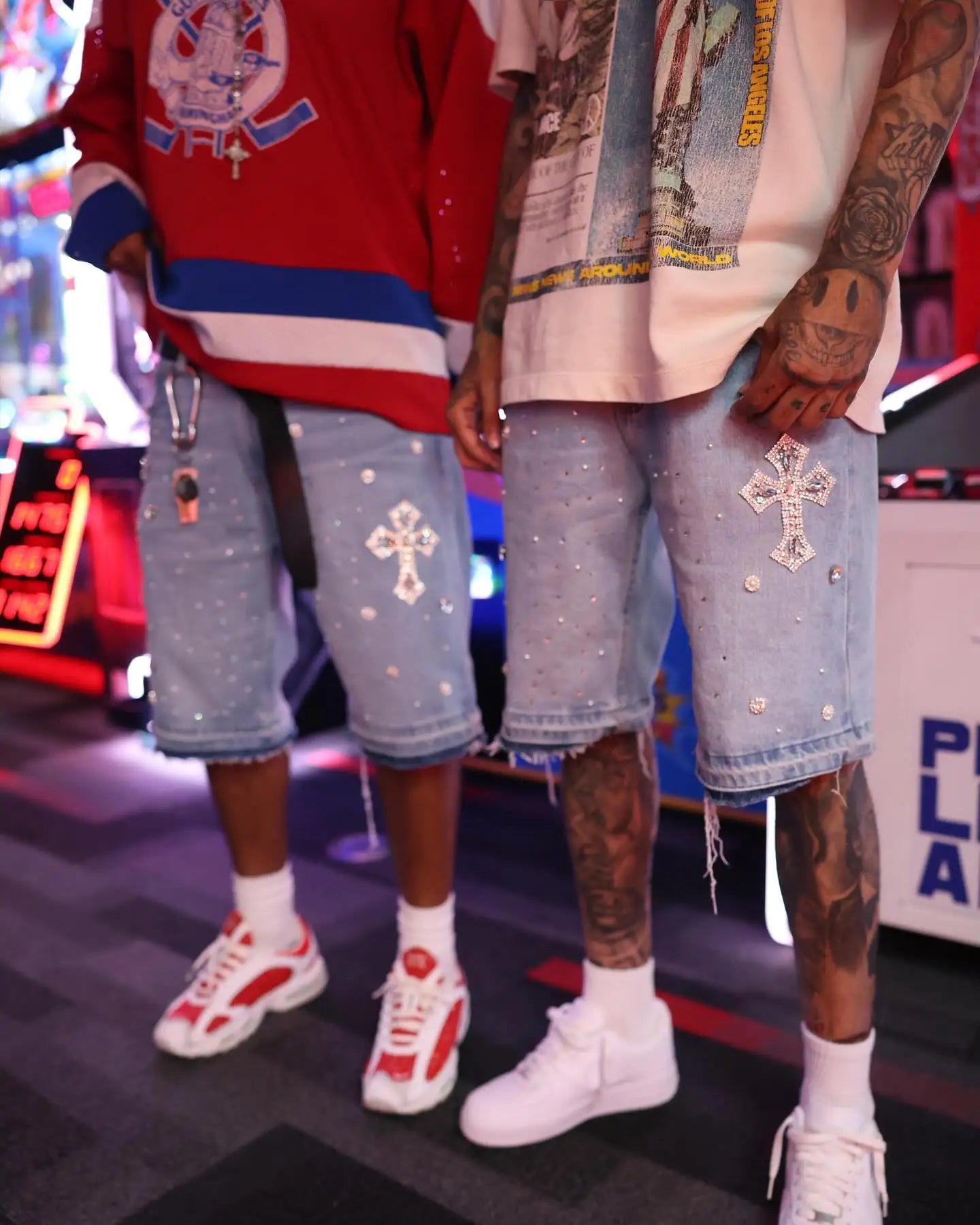 Y2K Gothic Diamond Cross Embroidery Denim Shorts American Retro Blue Gym Shorts Rhinestone Streetwear Hip Hop Men Women Jorts