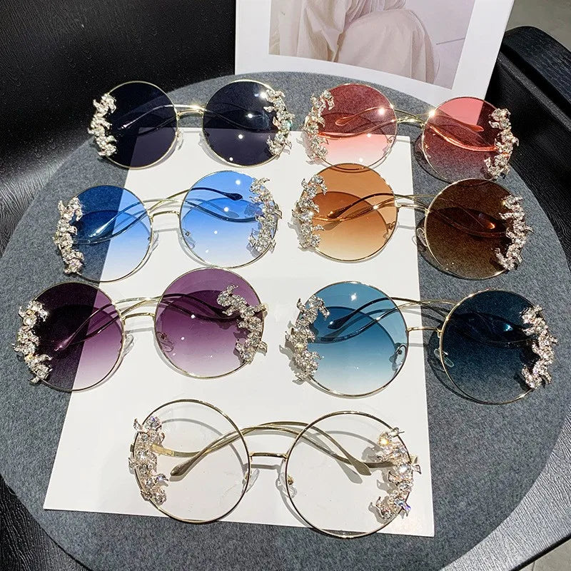 New Style Frameless Cut-edge Diamond Sunglasses With Wave Design, Temple Glasses, Fashionable Round Rhinestone Sunglasses