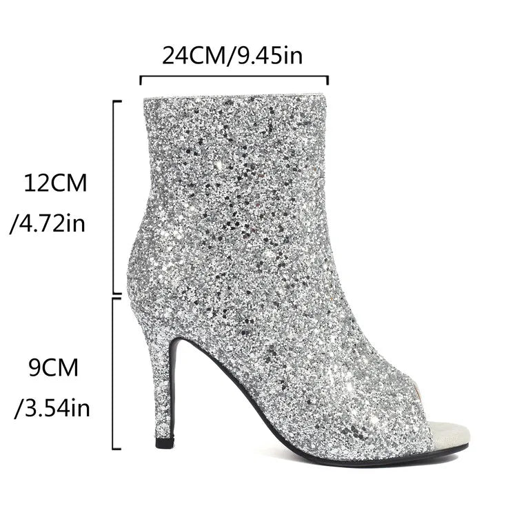 Ochanmeb Glitter Silver Peep Toe Boots Women Thin High-Heeled Open Toe Zipper Golden Sequins Ankle Boot Ladies Party Shoes 34-48