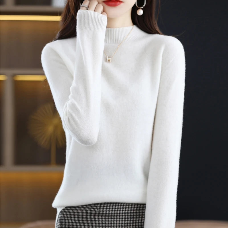 New Fashion Autumn And Winter Pure Wool Sweater Top Women's Semi-Turtleneck Solid Color Long-Sleeved Fashion Pullover Sweater101