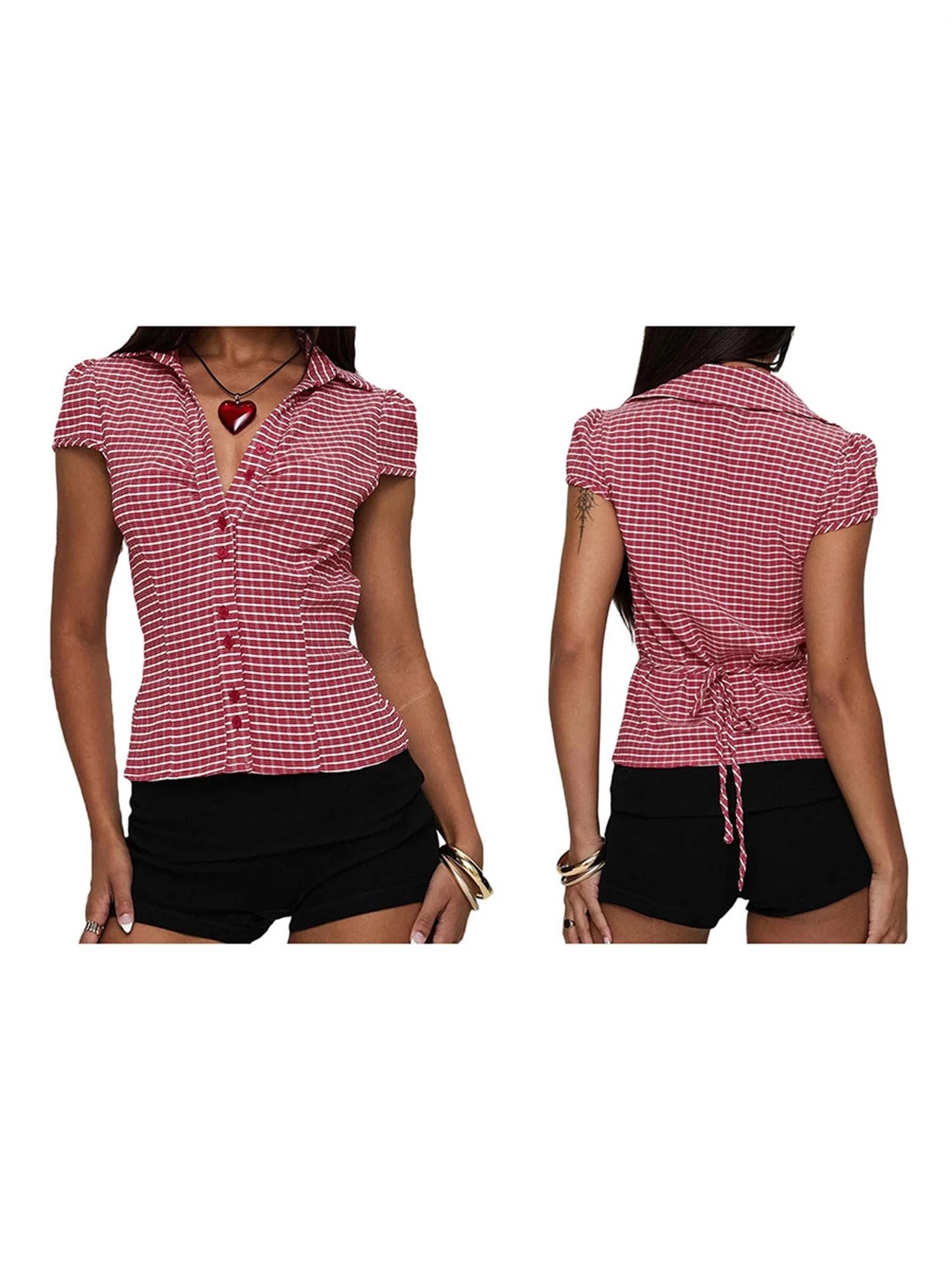 Women s Stylish Plaid Print Short Sleeve Shirt Lapel Button Down  Fit Casual Blouse Streetwear Summer Tops Collection