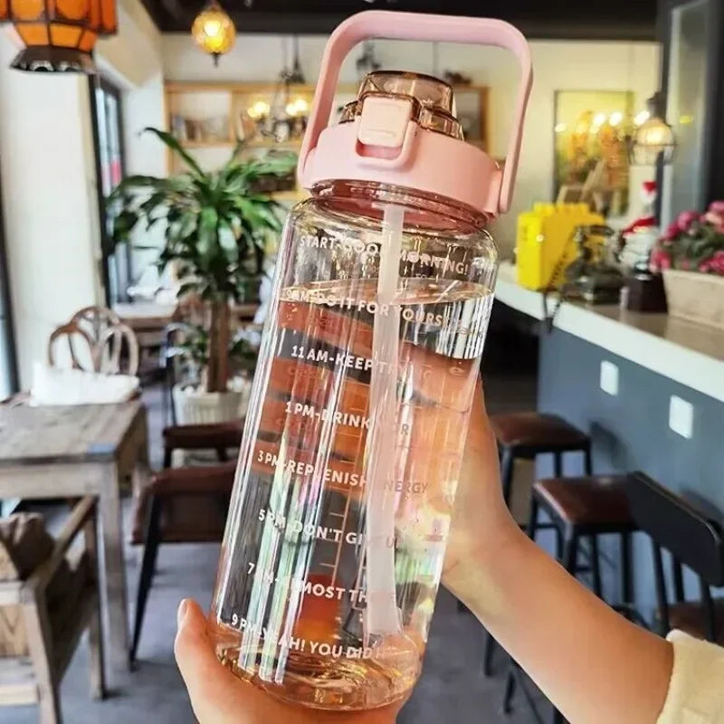 2000ml Sports Drinking Bottles with Time Marker Men Women Water Bottle with Straw Large Capacity Outdoor Cup Fitness Drinkware