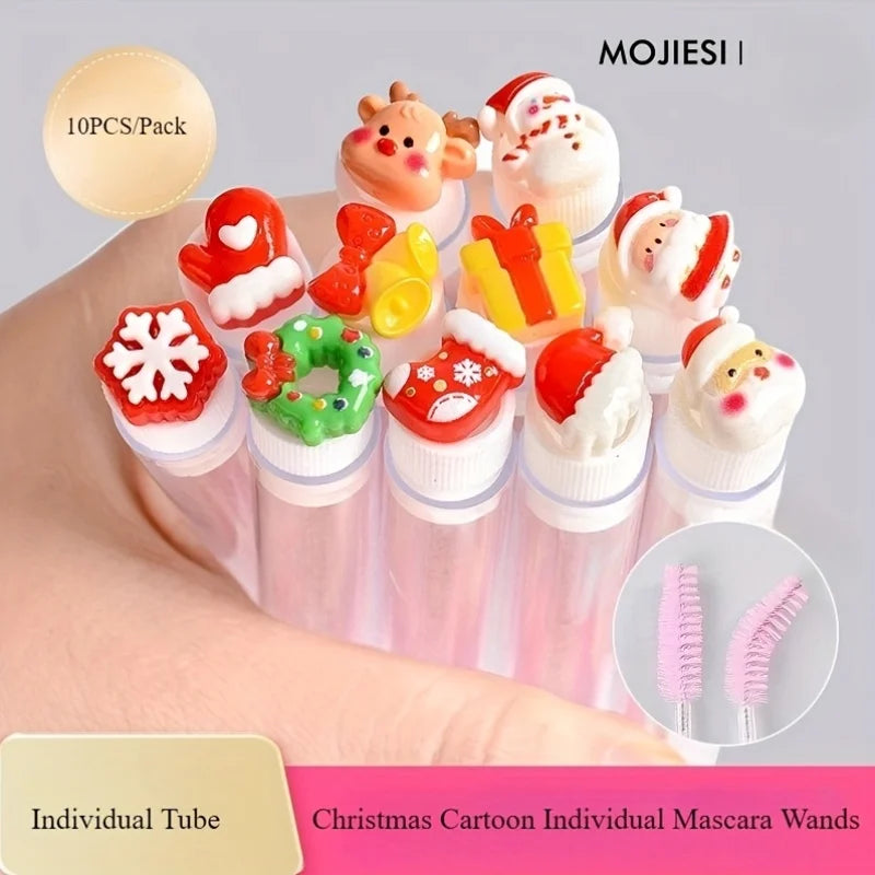 10pcs Christmas Eyelash Brushes Set - Santa Snowflake Design Mascara Wand, Eyebrow Comb, Makeup Applicator - Festive Beauty Gift