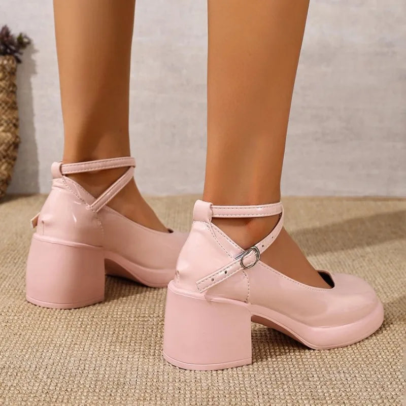 Fashion Ankle Strap Mary Janes Women 2025 PU Heel Pumps Woman  Party High Heels Shoes Female